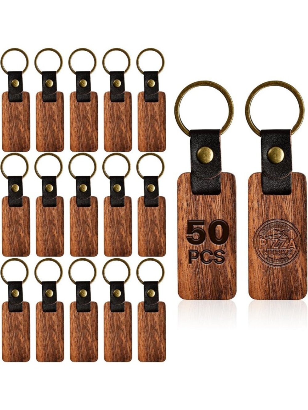 50 Pcs Wooden Keychain Blanks with Leather Strap for DIY Crafts & Engraving
